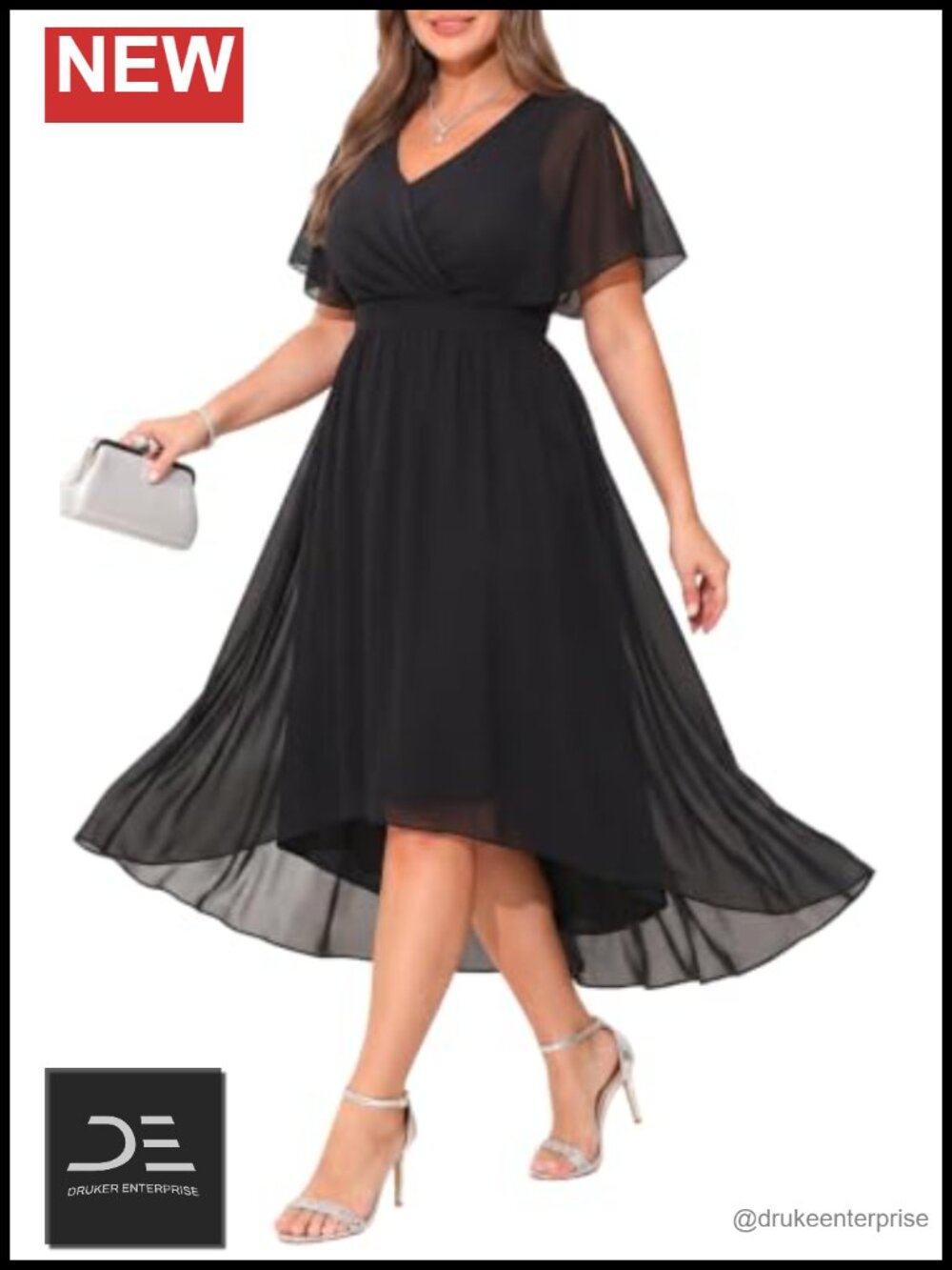 Plus Size Chiffon High Low Midi Dress V-Neck Flutter Sleeve Wedding Guest